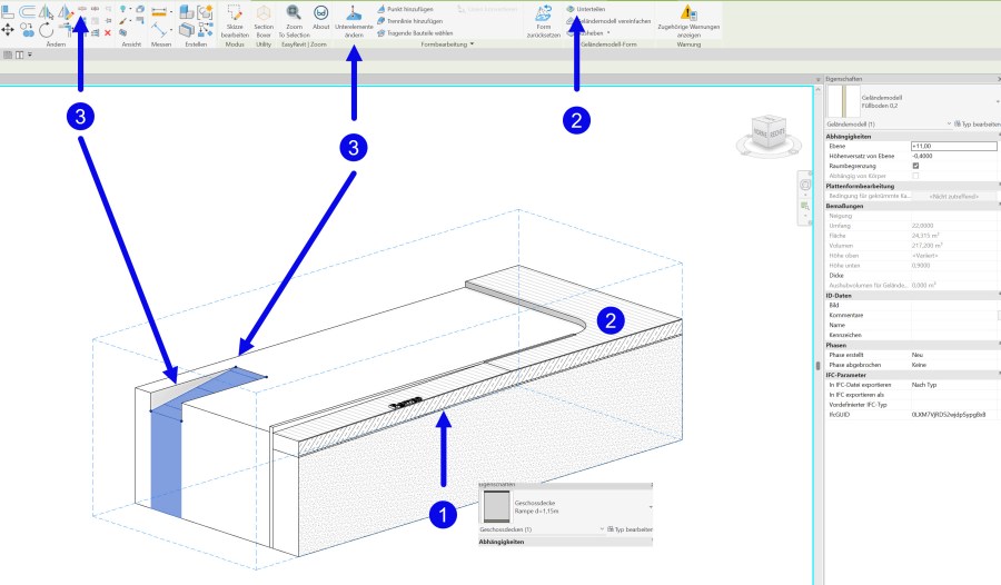 Screenshot der Revit-Benutzeroberfläche, der verschiedene Werkzeuge und Funktionen zur Geländemodellierung zeigt, einschließlich ein markiertes Geländemodell mit einem zu bearbeitenden Teil.