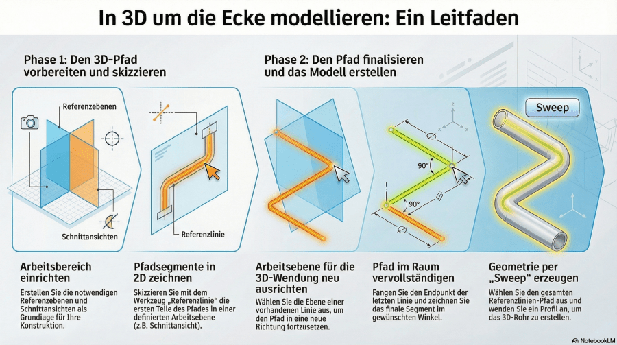 Grafik, die die Schritte zur dreidimensionalen Modellierung eines 3D-Pfades in Revit zeigt, einschließlich der Vorbereitung des Arbeitsbereichs, der Skizzierung von Pfadsegmenten, der vollendeten Darstellung des Pfades und der Geometrieerstellung mittels Sweep.